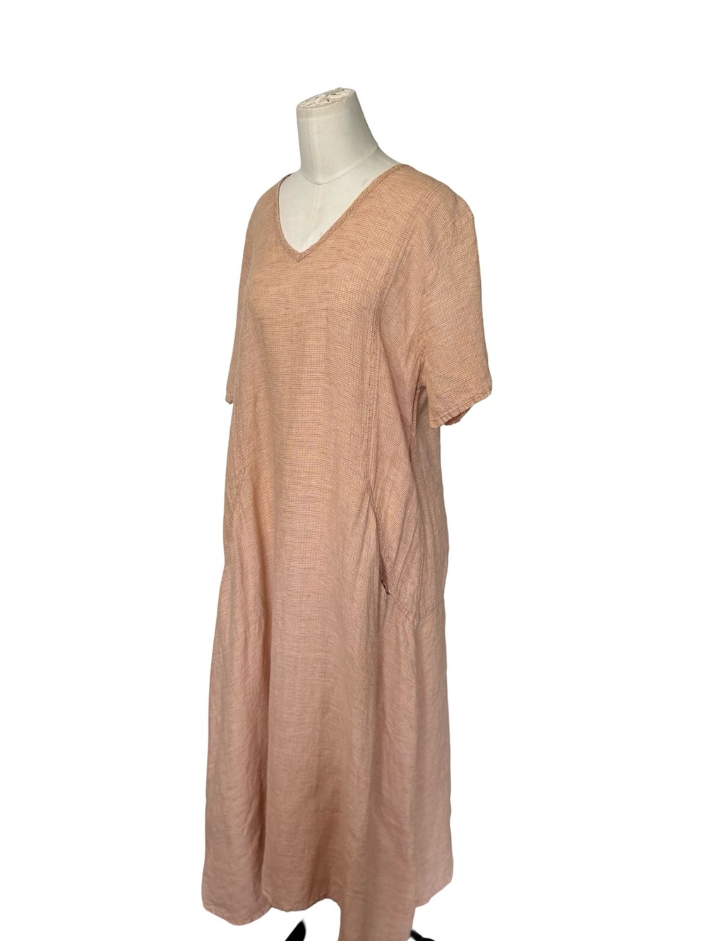 FLAX 100% Linen Pink Maxi Dress Size M V-Neck Short Sleeve Pockets Lagenlook - Picture 5 of 5